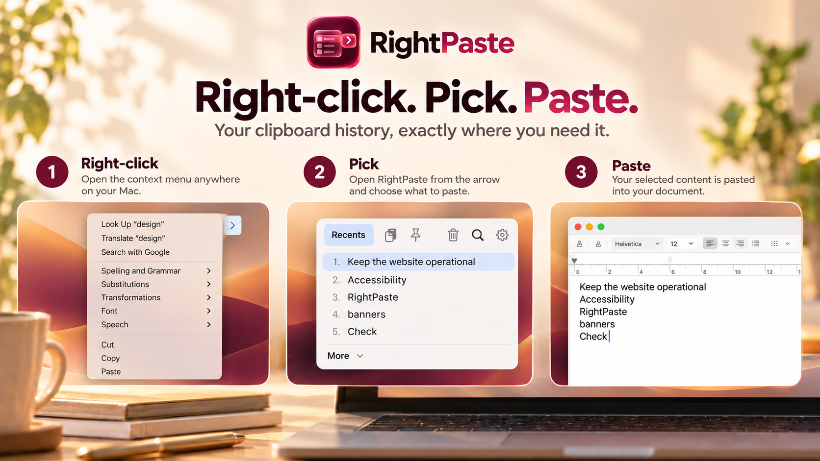 Right-click, Pick, Paste workflow.